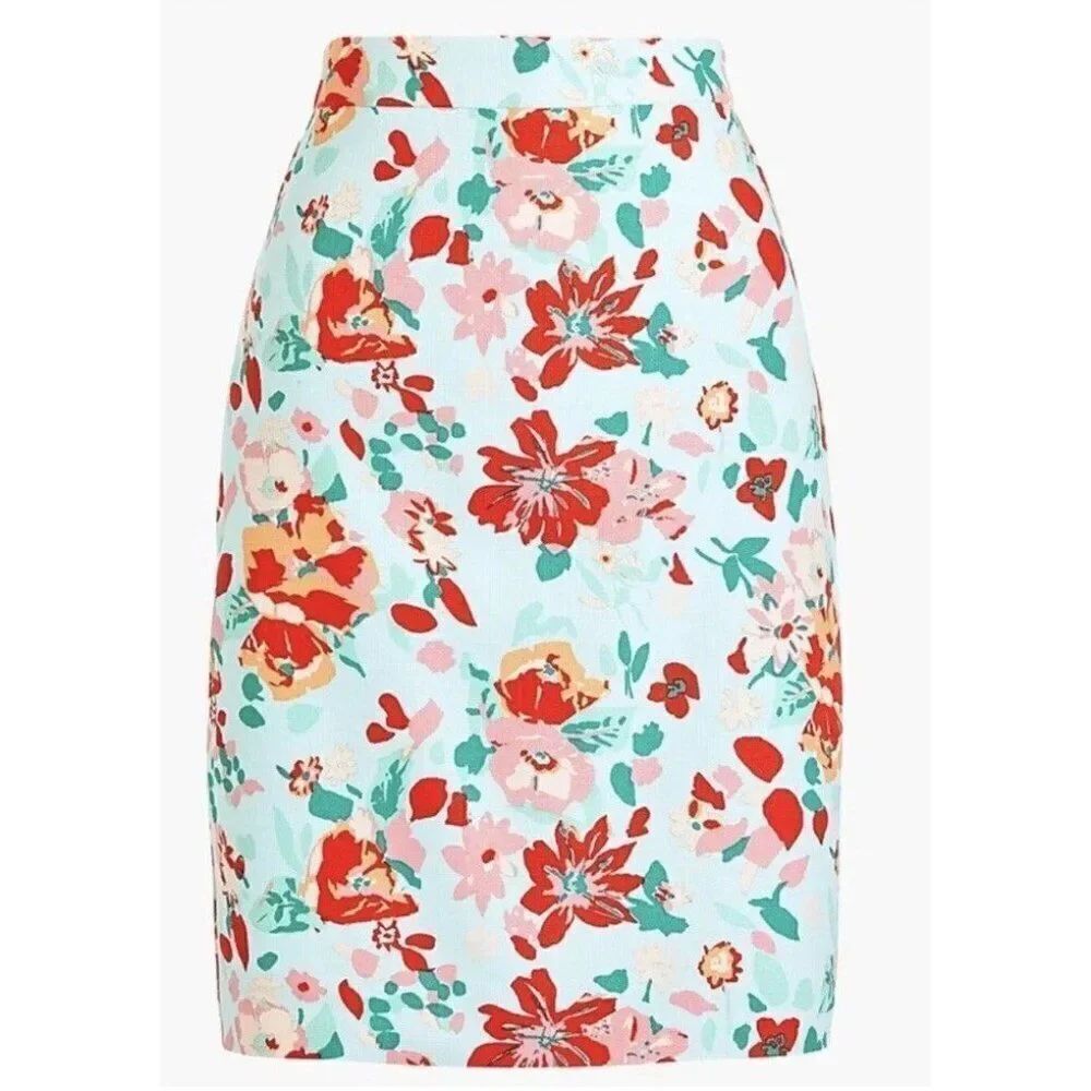 J Crew Factory Size 10 Printed Pencil Skirt Basketweave Citron Floral Lined Zips